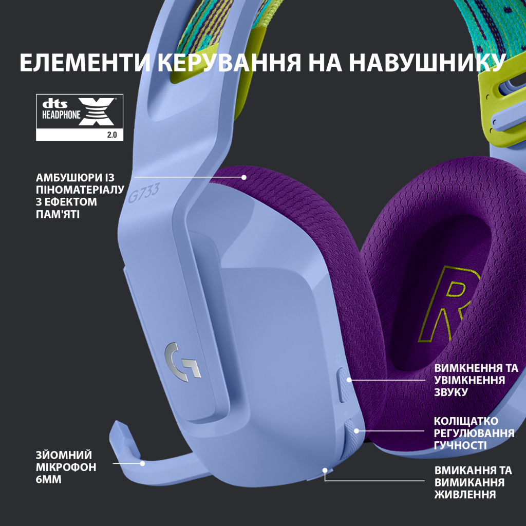 Навушники Logitech G733 Lightspeed Wireless RGB Gaming Headset Lilac (981-000890) - зображення 5