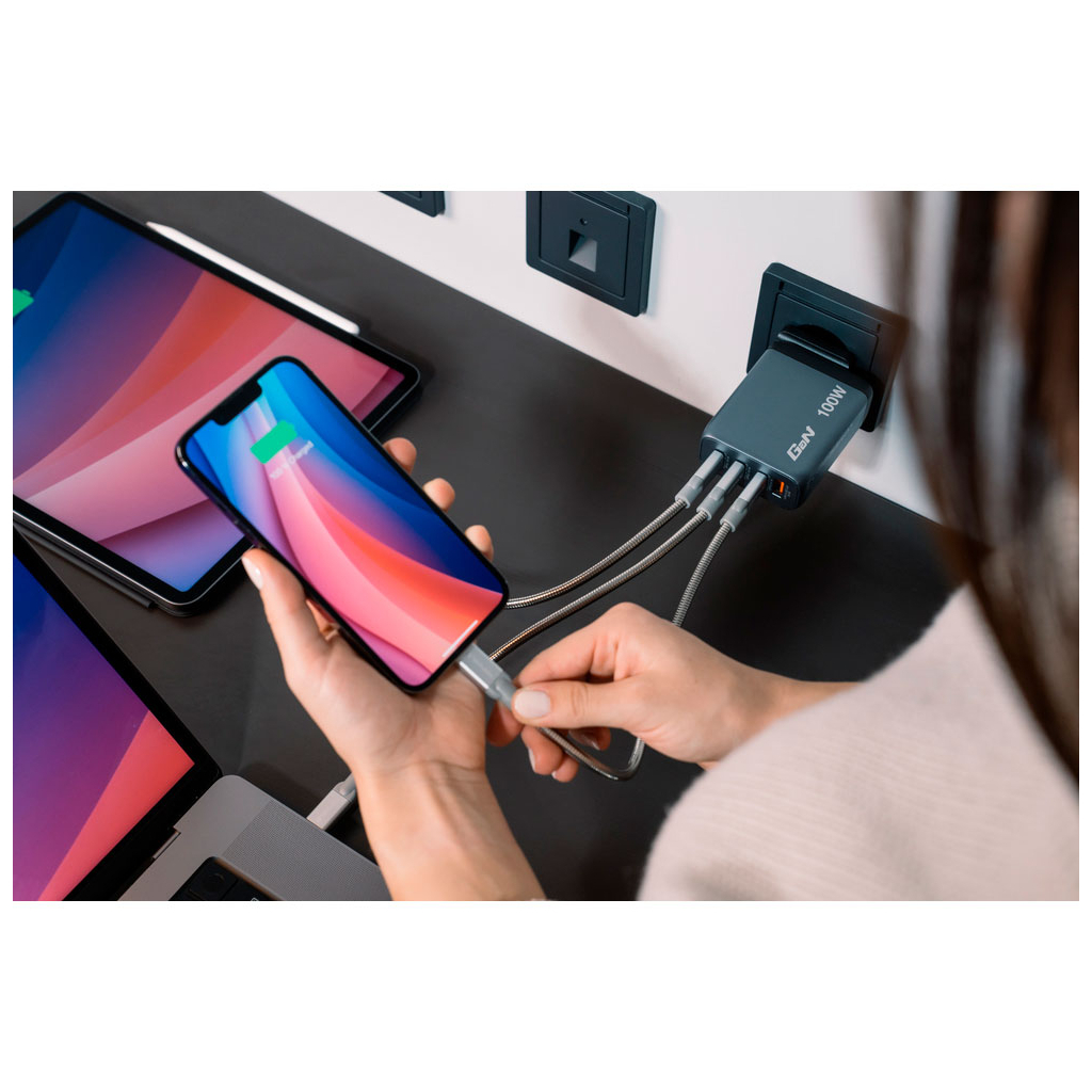 Зарядний пристрій Verbatim GaN 100 W 4 ports (2xUSB-C-100 W,USB-C 65 W /USB-A -3.0) (32202) - зображення 7