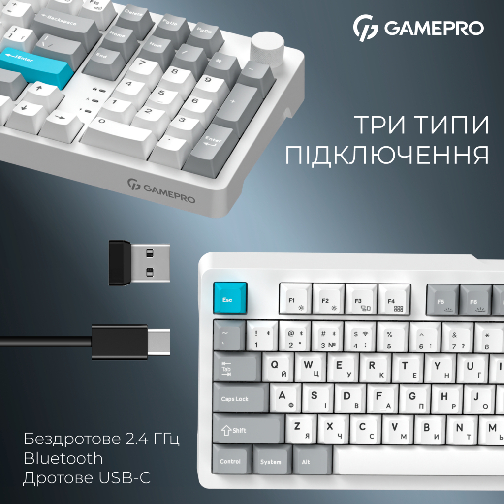 Клавіатура GamePro Asgard Drakkar Keychron Super Red Switch Wireless/Bluetooth/USB UA White (MK305WH) - изображение 7