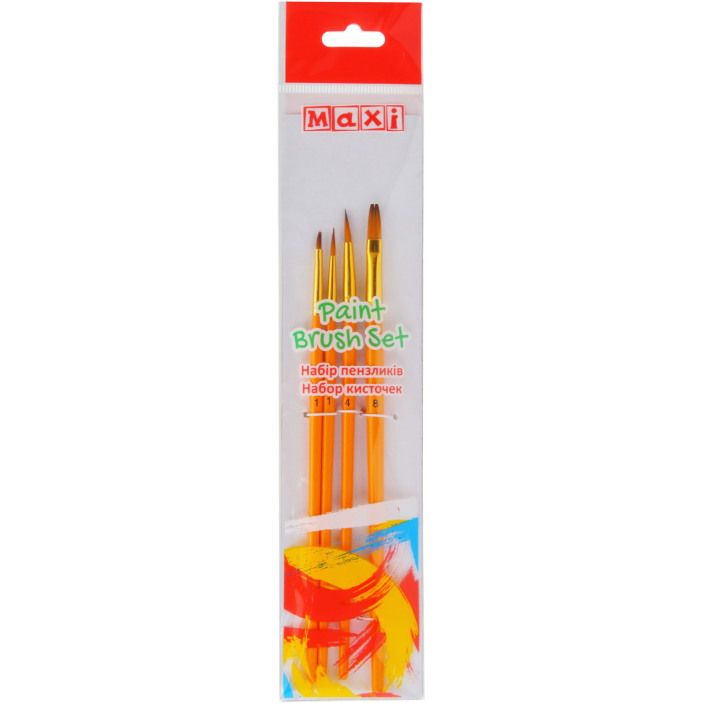 Пензлик для малювання Maxi набір 4 шт синтетичний ворс, круглі (№ 1, 4), пласкі (№ 1, 8), коротка ручка (MX60886) - зображення 1
