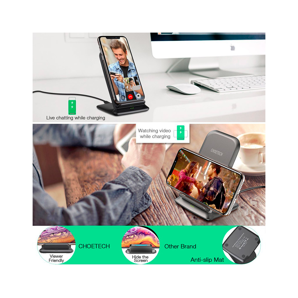 Зарядний пристрій Choetech 15W Fast Wireless Charging Stand 2coils black (T555-F-BK) - зображення 8
