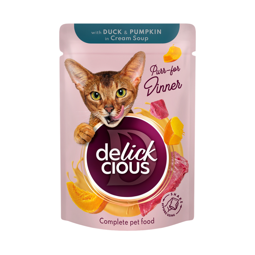 Вологий корм для кішок Delickcious Смужки з качкою та гарбузом в крем-супі 85 г (4820269141797) - зображення 1