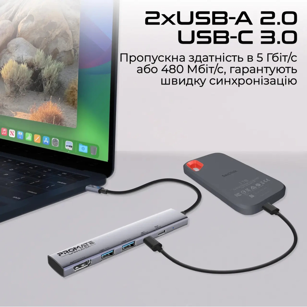 Концентратор Promate USB Hub 5 ports linkhub-5x (linkhub-5x) - зображення 3