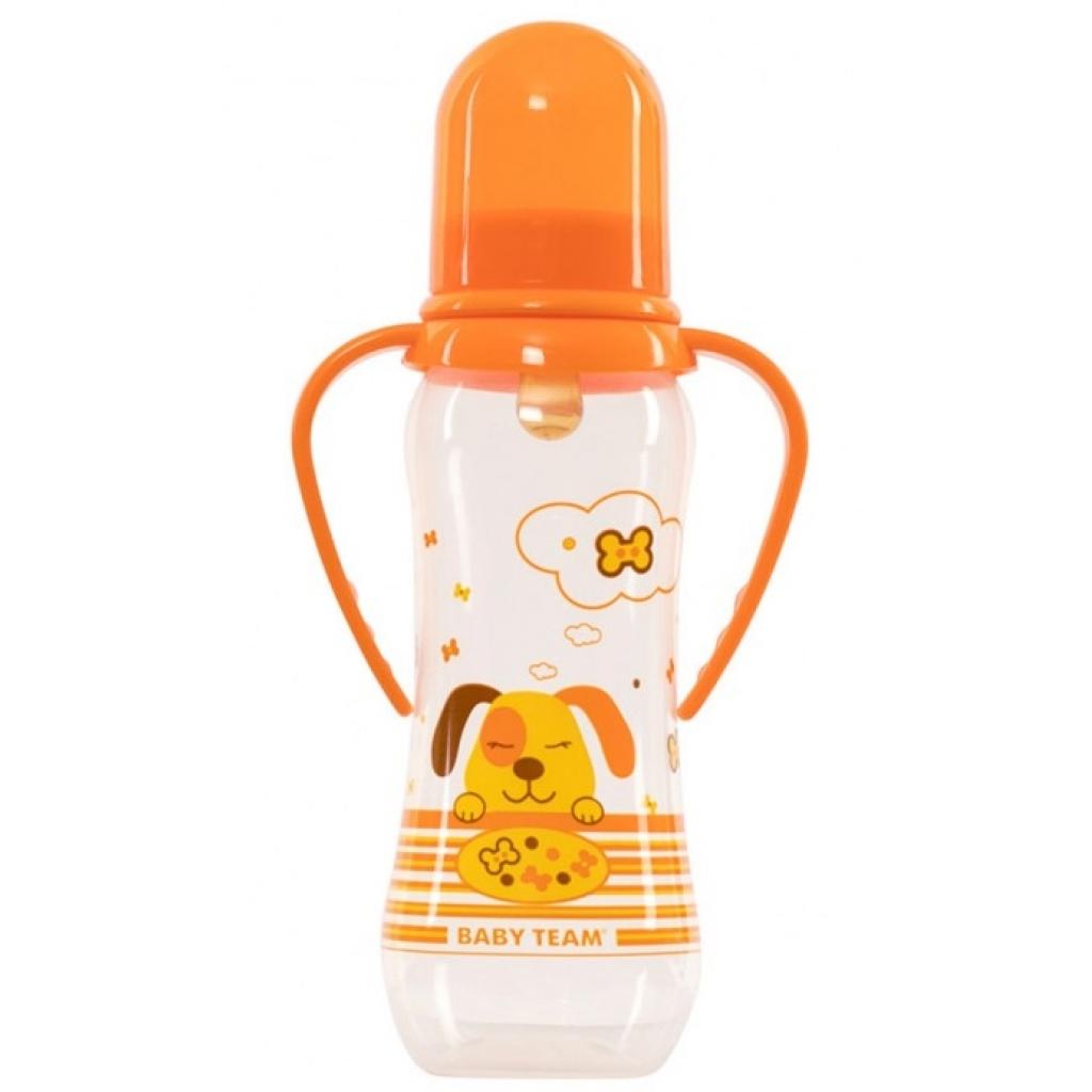 Пляшечка для годування Baby Team з латексною соскою і ручками 250 мл 0+ (1311_собачка_оранжевая) - зображення 1