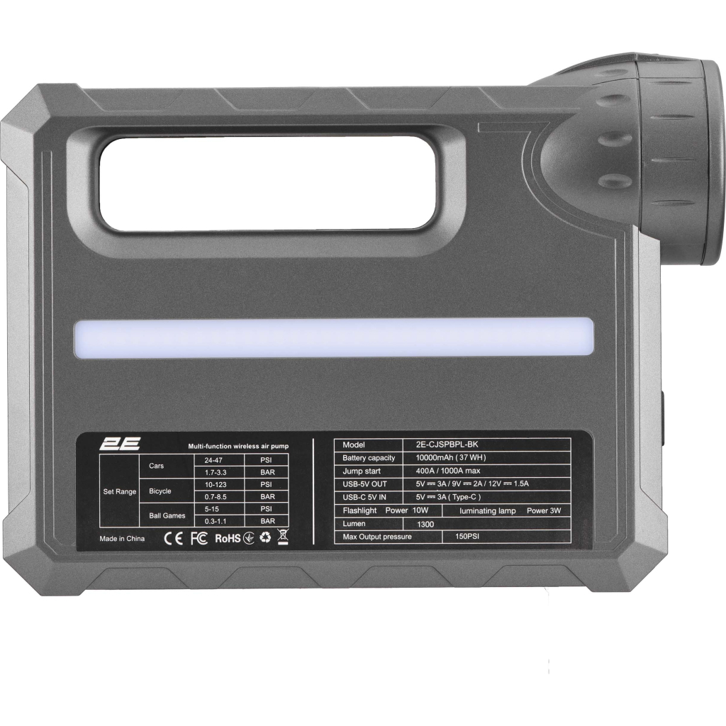 Пуско зарядний пристрій 2E Pitman з автомобільним компресором та ліхтарем, 10000 mAh/37Wh, 400 А, 1xUSB/2.4 A (2E-CJSPBPL-BK) - зображення 5