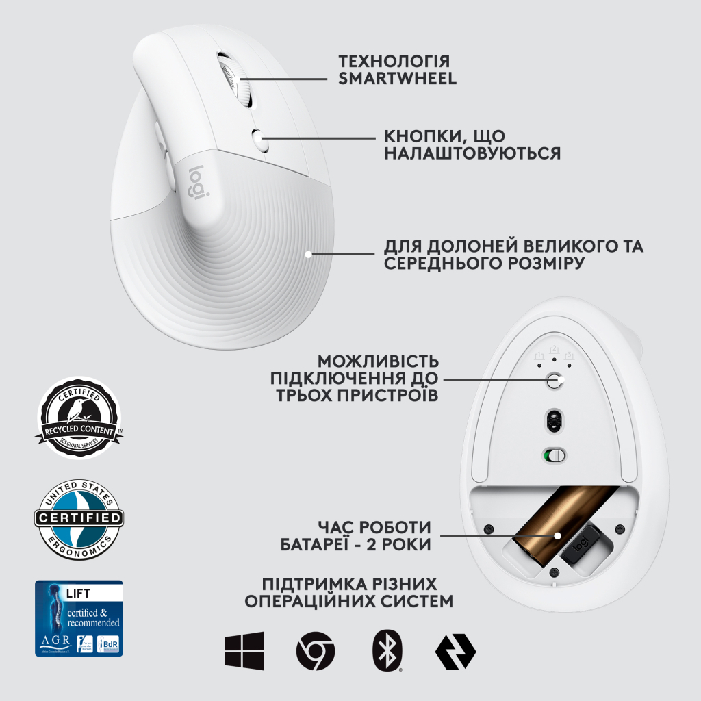 Мишка Logitech Lift Vertical Ergonomic Wireless/Bluetooth for Business Off-white (910-006496) - зображення 6