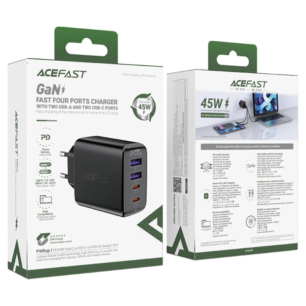 Зарядний пристрій Acefast 4xUSB 45W (2xUSB-C+2xUSB-A) Gan A61 Fast Charger Black (6974316282754) - зображення 5
