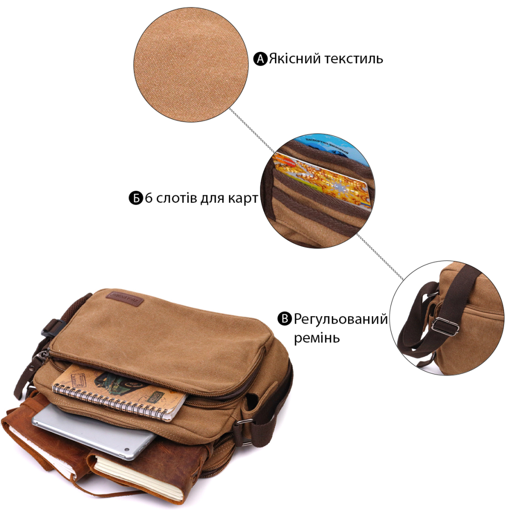 Сумка Vintage Чоловіча месенджер з текстилю Коричнева (22205) - зображення 4