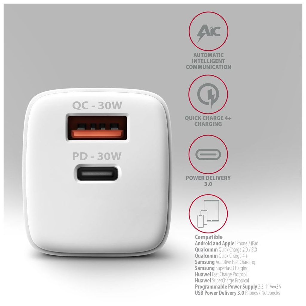 Зарядний пристрій AXAGON 1xUSB QC4.0 + 1xUSB-C PD30W PPS white (ACU-PQ30W) - зображення 5