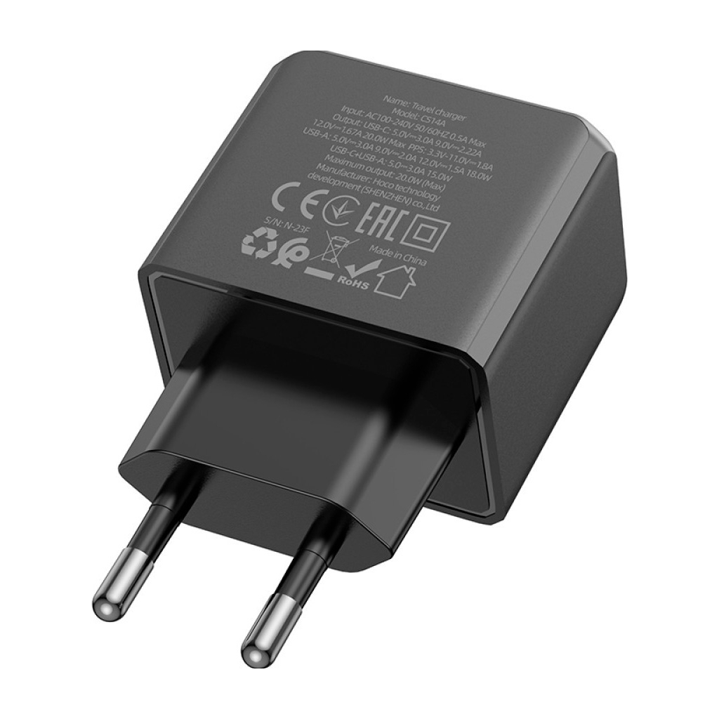 Зарядний пристрій HOCO CS14A Ocean 1xUSB-C PD20W + 1xUSB QC3.0 Black (6942007603898) - зображення 6