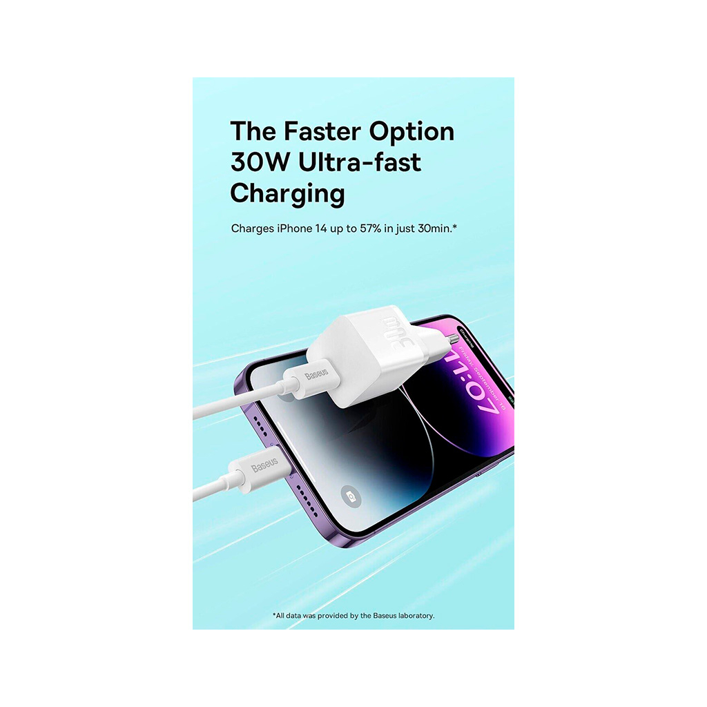 Зарядний пристрій Baseus GaN5 Fast Charger USB-C 30W + Cable 1.0m Type-C 100W white (P10110902213-00) - зображення 7