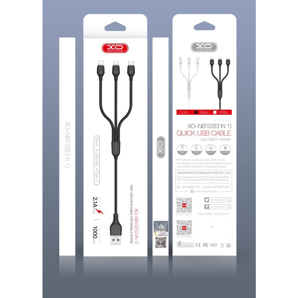 Дата кабель USB 2.0 AM to Lightning + Micro 5P + USB-C 1.0m 2.1A black XO (NB103-3in1-1-BK) - зображення 2