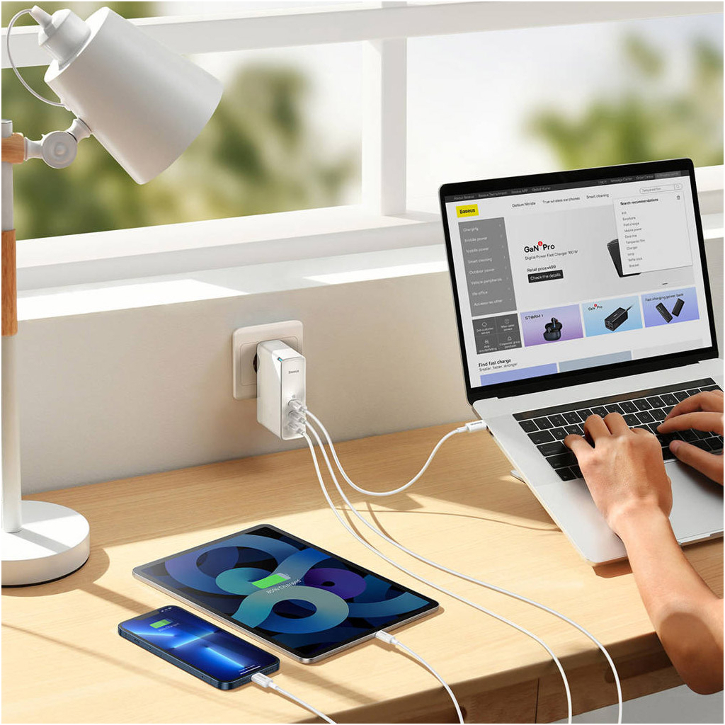 Зарядний пристрій Baseus GaN5 Pro Fast Charger 2C+U 140W + Cable 1.0m Type-C 240W white (CCGP100202) - зображення 11