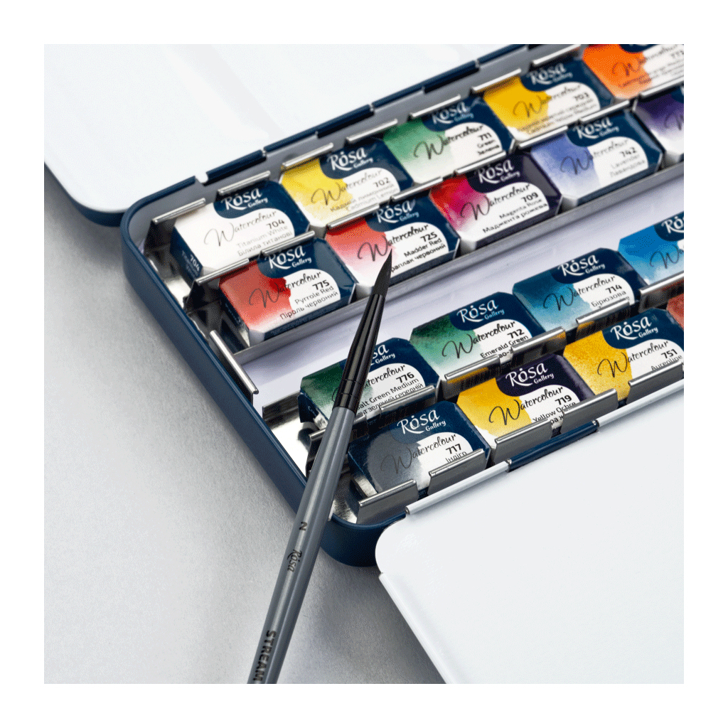 Акварельні фарби Rosa Gallery SPECTRUM, 28*2,5мл, з пензлем, кювета Індіго металевий пенал (4823098544784) - picture 5