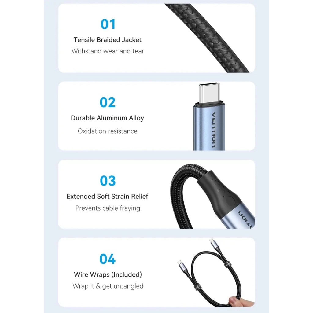 Дата кабель USB-C to USB-C 1.0m USB4.0 240W (50V/5A) 8K60Hz Thunderbolt 4 Gray Aluminum Alloy Vention (TAVHF) - зображення 4