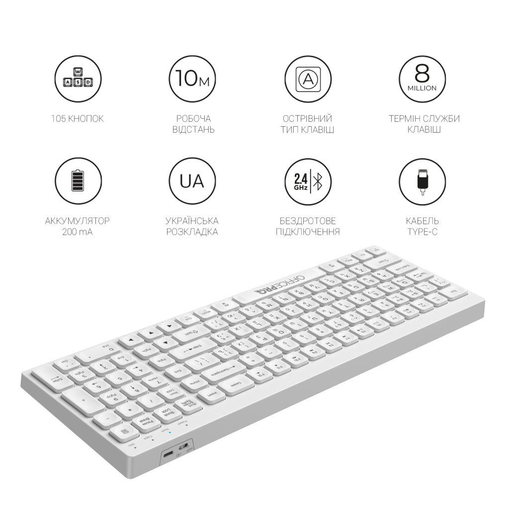 Клавіатура OfficePro SK985W Wireless/Bluetooth White (SK985W) - зображення 10