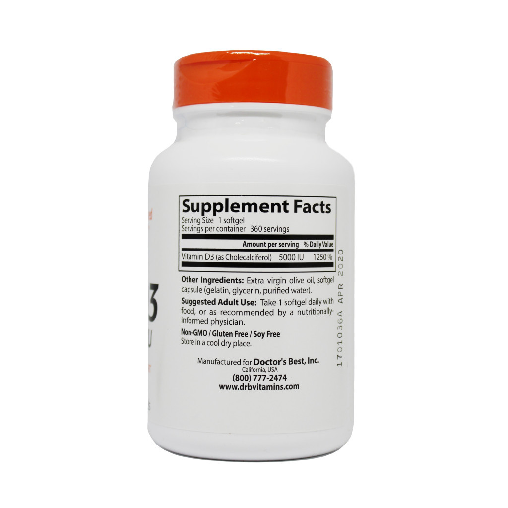 Вітамін Doctor's Best Вітамін D3 5000IU, 360 желатинових капсул (DRB-00250) - зображення 2