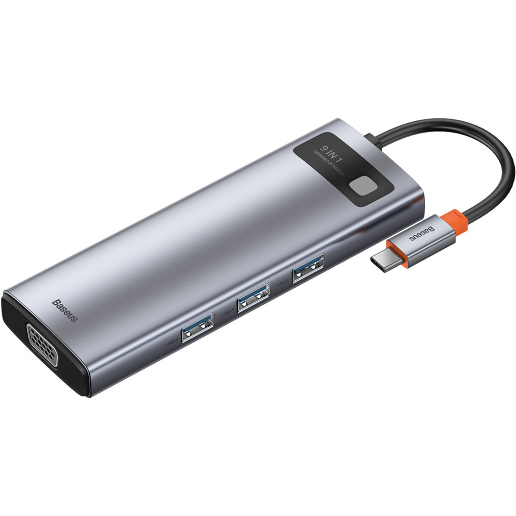Концентратор Baseus USB3.1 Type-C to USB C (PD) 100W/HDMI 4K 30Hz/VGA/USB3.2/RJ45/SD + TF, 9in1 Grey (CAHUB-CU0G) - изображение 1