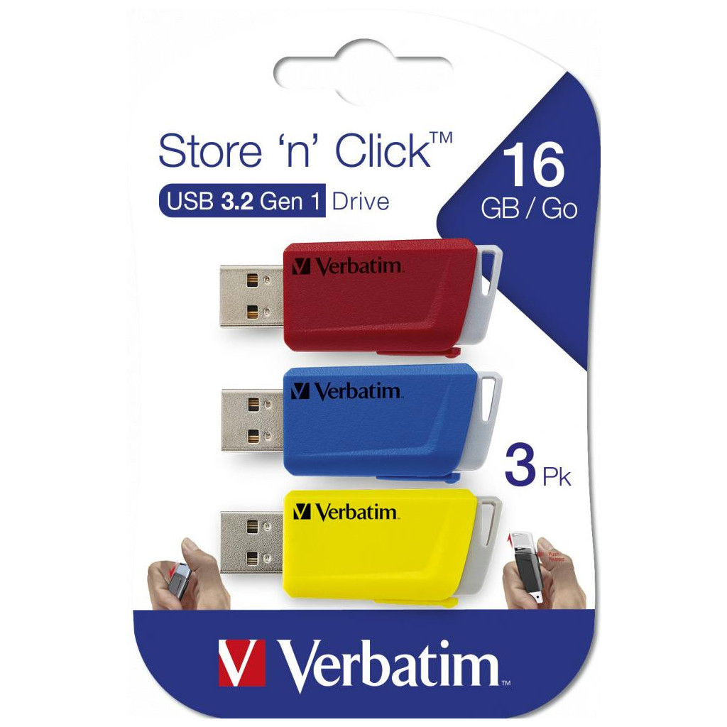 USB флеш накопичувач Verbatim 3x16GB Store 'n' Click Red/Blue/Yellow USB 3.2 (49306) - зображення 12