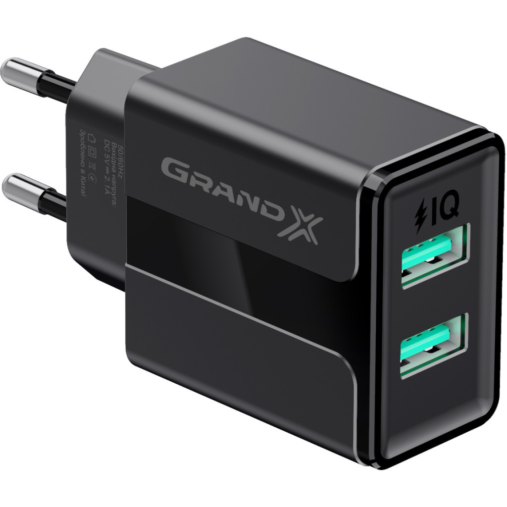 Зарядний пристрій Grand-X CH-15T 5V 2.1A 2USB Black + cable USB -> Type-C (CH-15T) - зображення 2