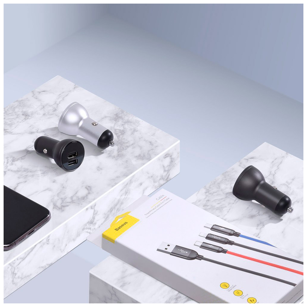 Зарядний пристрій Baseus Digital Display Dual USB 4.8A Car Charger 24W+Three Primary Colors 3-in-1 Cable 1.2m (TZCCBX-0G) - зображення 5