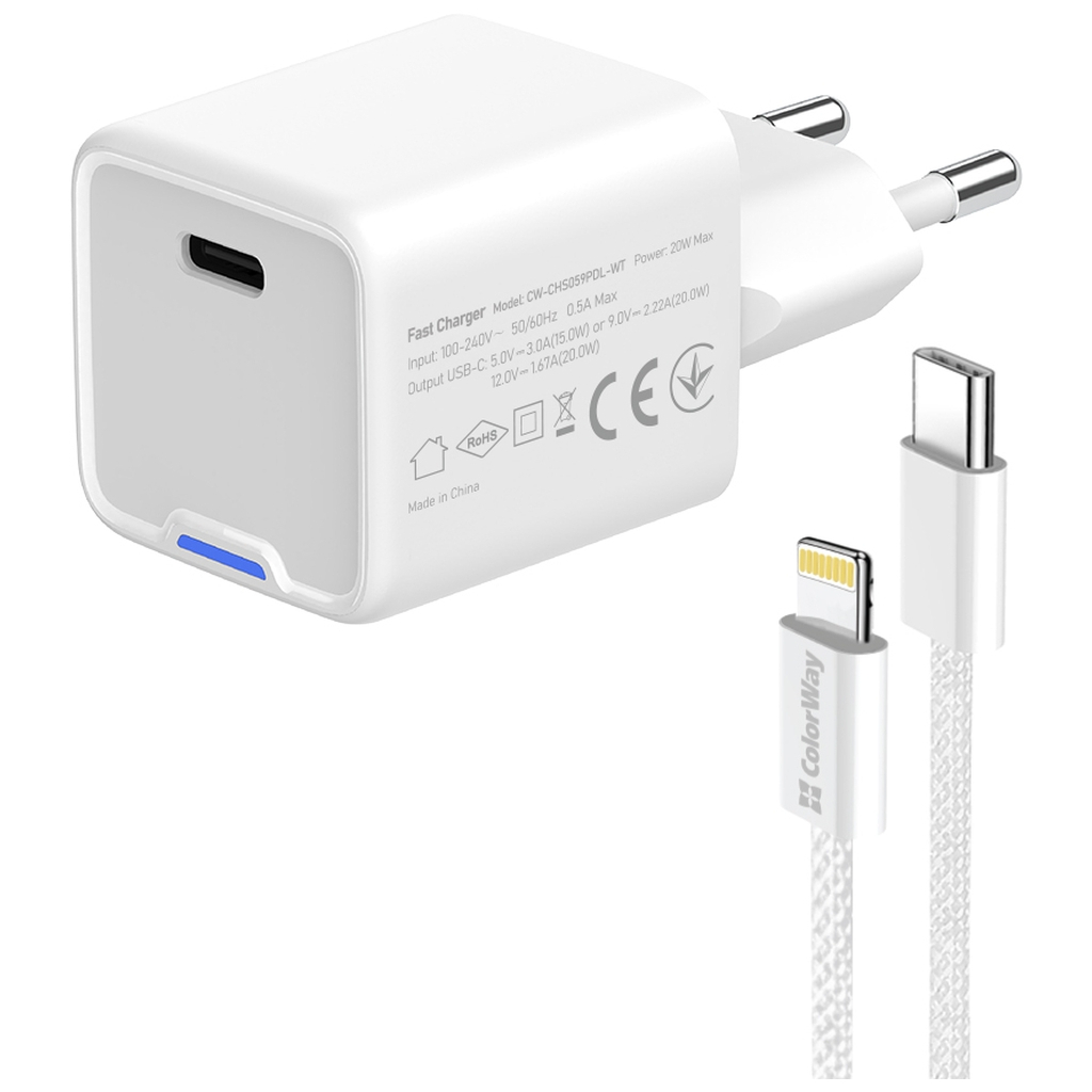Зарядний пристрій ColorWay C101D GaN Mini 20W PD PPS USB-C + cable USB-C to Lightning white (CW-CHS059PDL-WT) - изображение 5
