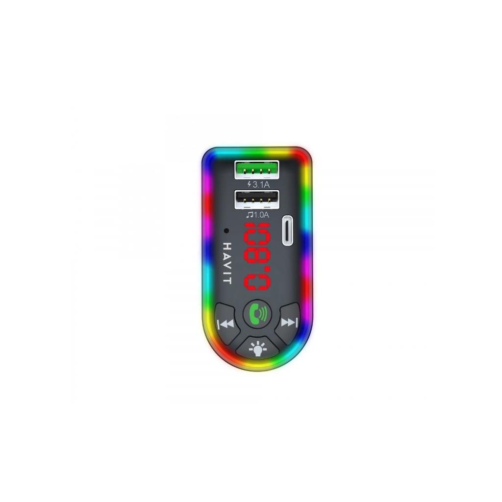 FM модулятор Havit HV-FM813BT 2USB+USB-C RGB Black (HV-FM813BT Black) - изображение 2