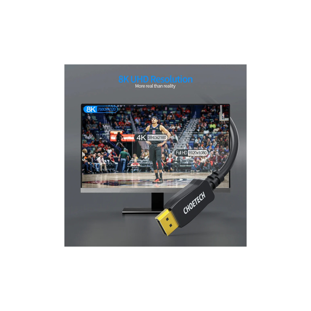 Кабель мультимедійний DisplayPort M to DisplayPort M 2.0m V1.4 8K60Hz Choetech (XDD01-V1-BK) - изображение 5