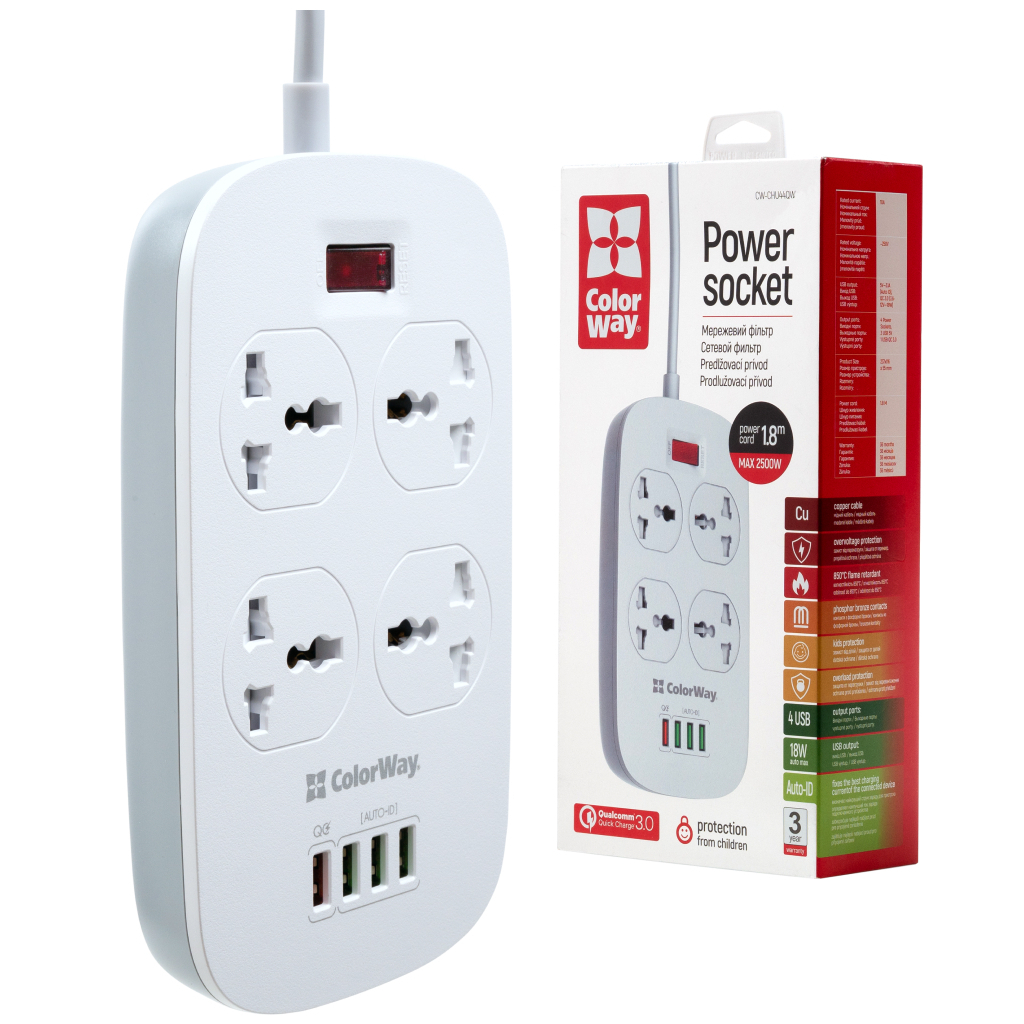 Мережевий фільтр живлення ColorWay 4 розетки/4USB White 1.8м (1QC3.0 + 3 AUTO ID) (CW-CHU44QW) - зображення 6