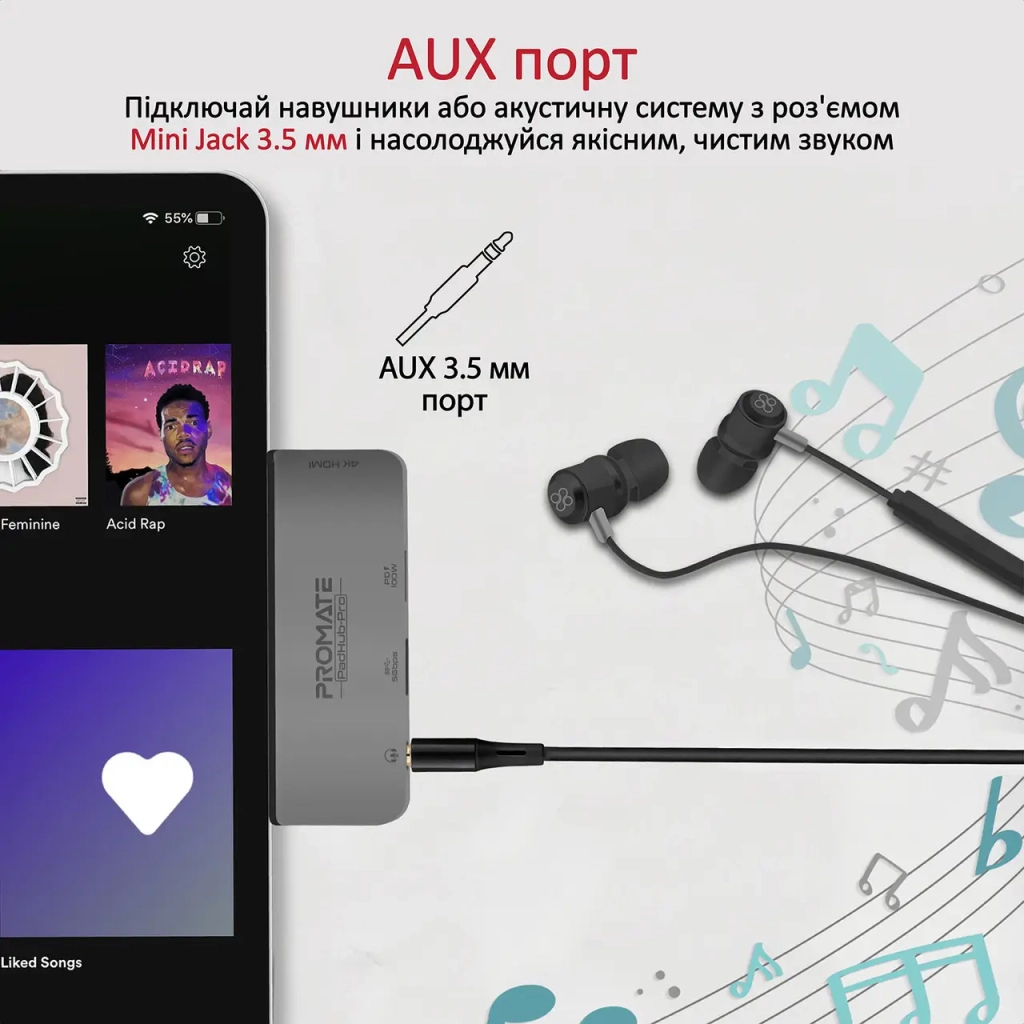 Концентратор Promate USB Hub 4 ports padhub-pro.grey (padhub-pro.grey) - зображення 6