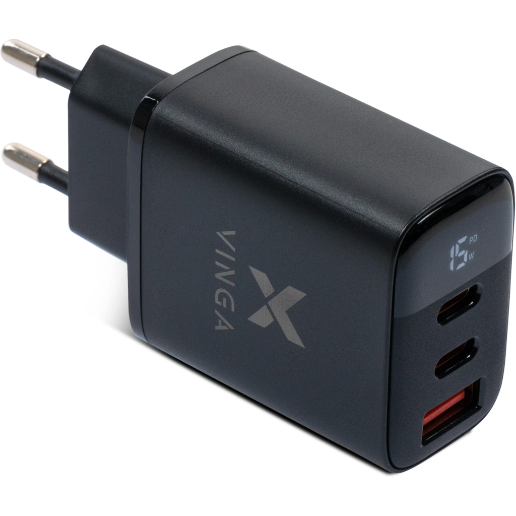 Зарядний пристрій Vinga 2xUSB-C PD30W + USB-A QC30W Display 30W Max (VCR30ACCDB) - зображення 1
