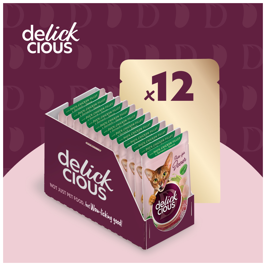 Вологий корм для кішок Delickcious Шматочки з качкою, курячим філе і шпинатом в соусі 85 г (4820269143142) - зображення 6