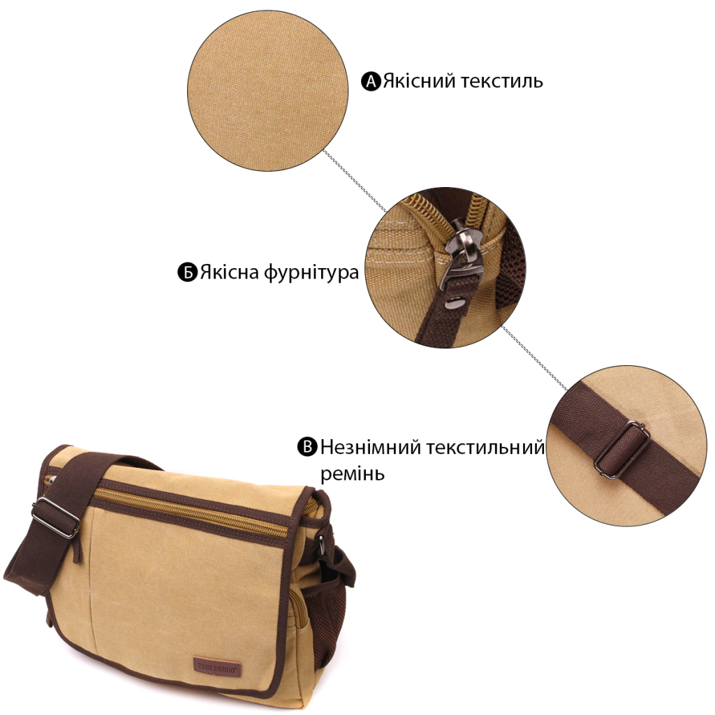 Сумка Vintage Через плече з щільного текстилю Пісочна (22202) - зображення 5