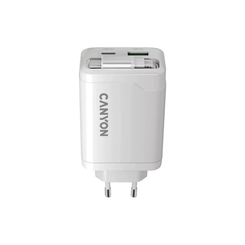 Зарядний пристрій Canyon 1xUSB-C PD65W + 1xUSB QC3.0 + cable USB-C to USB-C white (CNS-CURC65ACW) - изображение 4