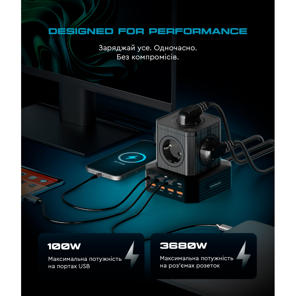 Зарядний пристрій Armorstandart ARP-544 Resolute Power USB-C 100W GaN 2m Black (ARM73177) - зображення 3
