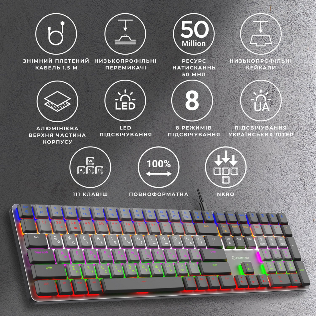 Клавіатура GamePro MK145R Red Swich Low Profile USB Dark Gray (MK145R) - изображение 7