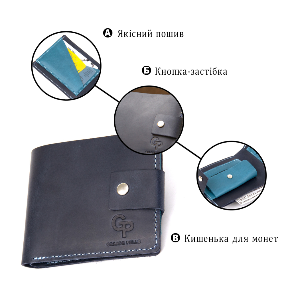 Портмоне Grande Pelle З натуральної шкіри Темно-синє (11461) - зображення 4