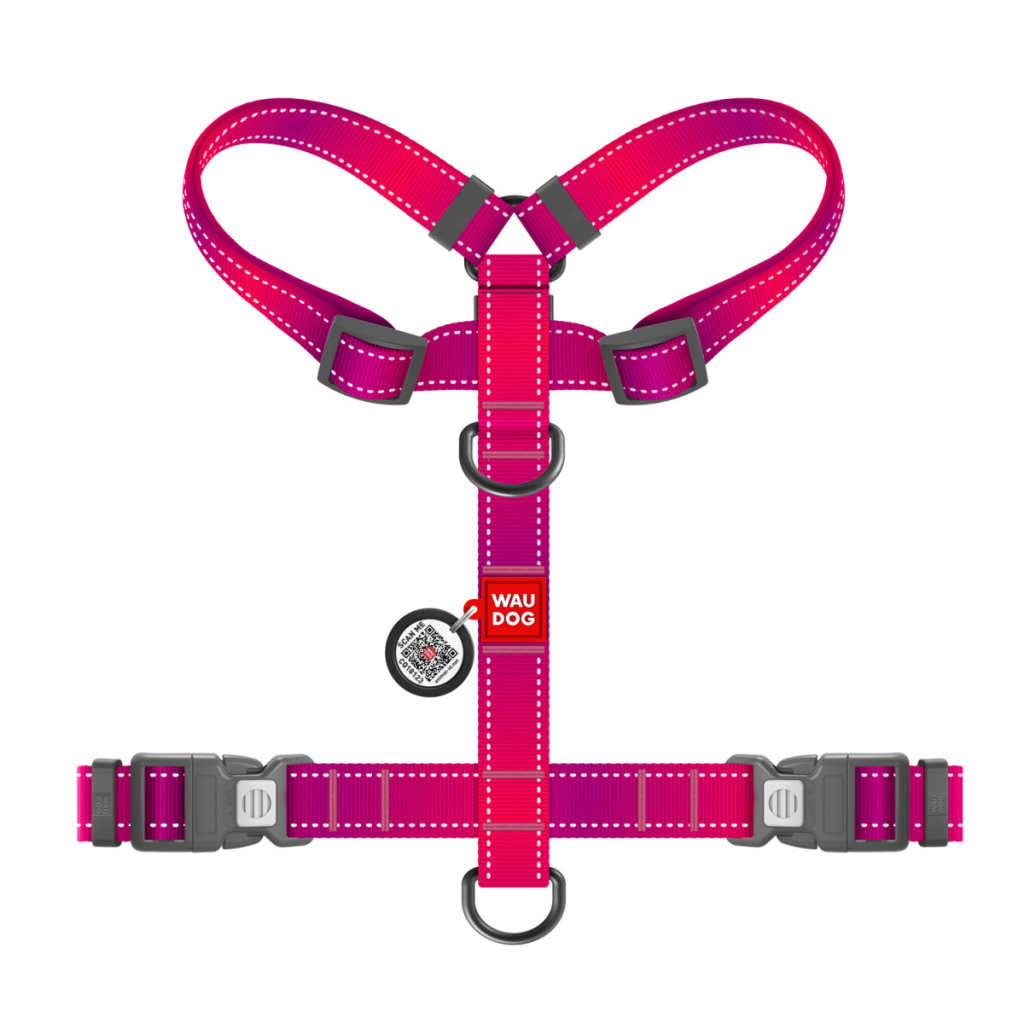 Шлея для собак WAUDOG Nylon Mono анатомічна H-подібна з QR паспортом, пластиковий фастекс, М рожева (54577) - зображення 2