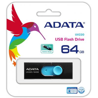 USB флеш накопичувач ADATA 64GB UV220 Black/Blue USB 2.0 (AUV220-64G-RBKBL) - зображення 3