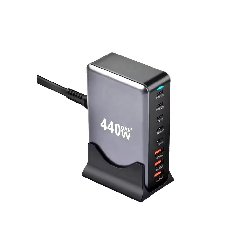 Зарядний пристрій XoKo 2xUSB-С PD100W + 3xUSB-С PD65W + 3xUSB QC18W 440W GaN (QC-400) - зображення 1