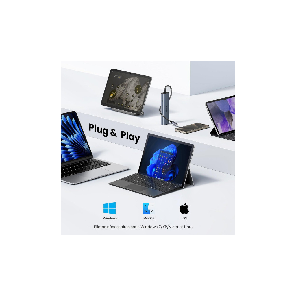 Концентратор Ugreen USB-C to 1xUSB-A 3.2 + 1xUSB-A 2.0 + 2xUSB-C 3.2 + RJ45 + PD CM512 gray (45320) - зображення 5