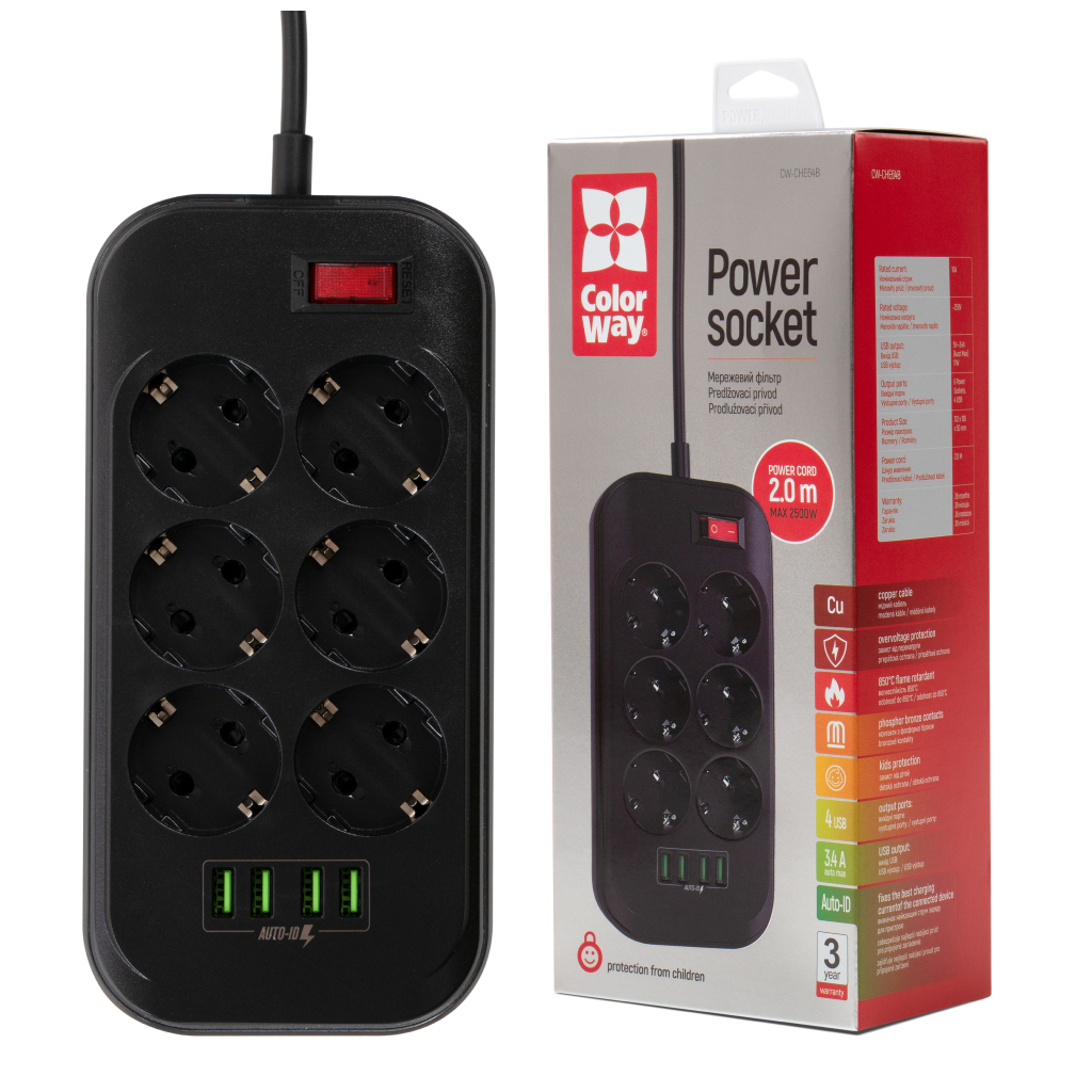 Мережевий фільтр живлення ColorWay CW-CHE64B, 6 розеток/4USB Black (CW-CHE64B) - зображення 12