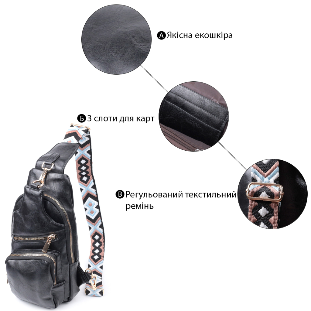 Сумка Vintage Жіноча слінг через плече з екошкіри Чорна (22754) - зображення 4