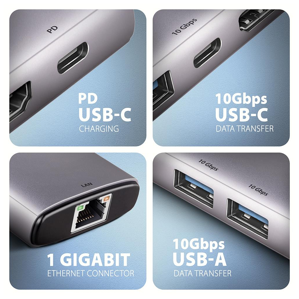 Концентратор AXAGON USB-C to 2xUSB-A + 1xUSB-C + HDMI + RJ45 + PD100W 0.15m gray (HMC-6G2L) - зображення 4