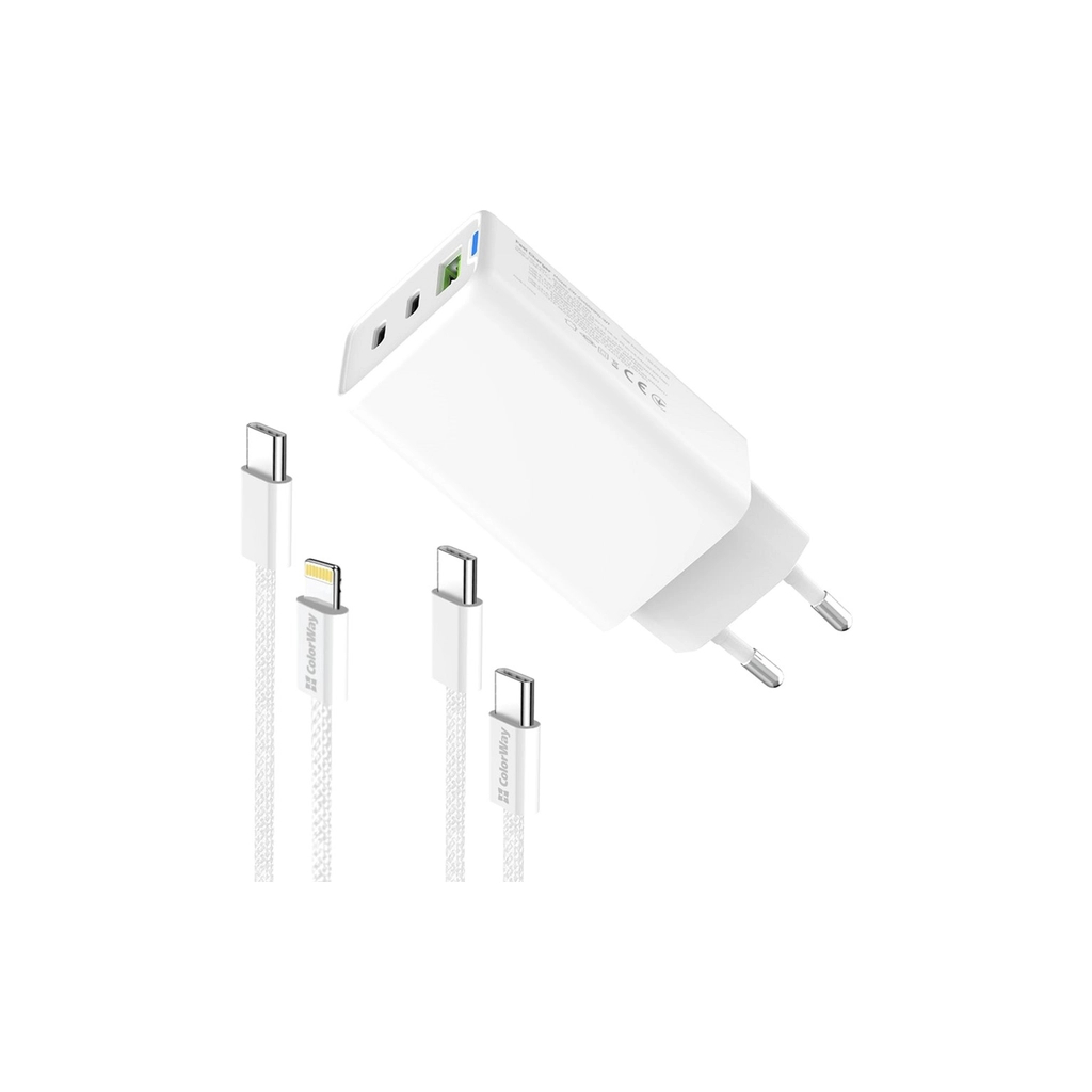 Зарядний пристрій ColorWay GaN Mini 65W PD Port PPS USB (USB-2C1A) cable Type-C&Lightning (CW-CHS058PDCL-WT) - зображення 5