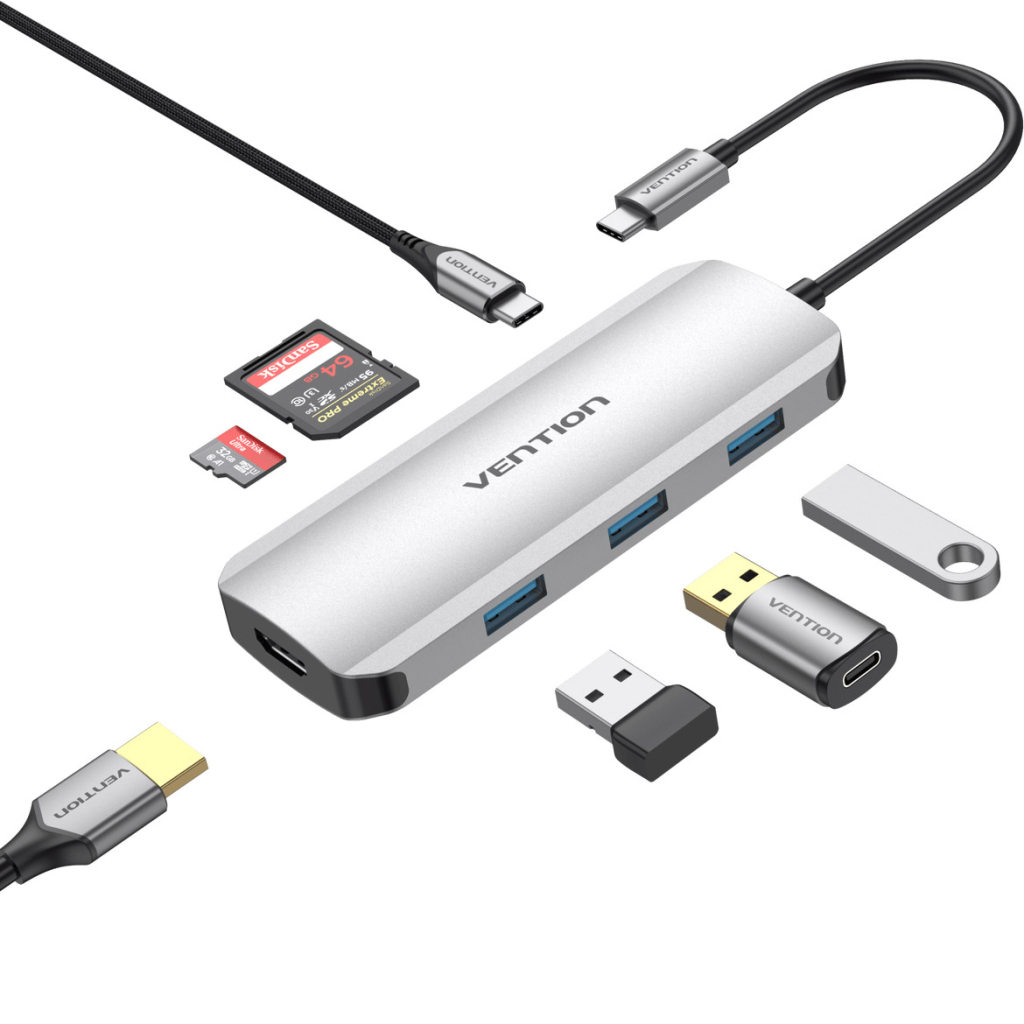 Концентратор Vention USB-C to HDMI/3xUSB 3.0/SD/TF/PD Aluminum Alloy 0.15m gray (TOJHB) - зображення 1