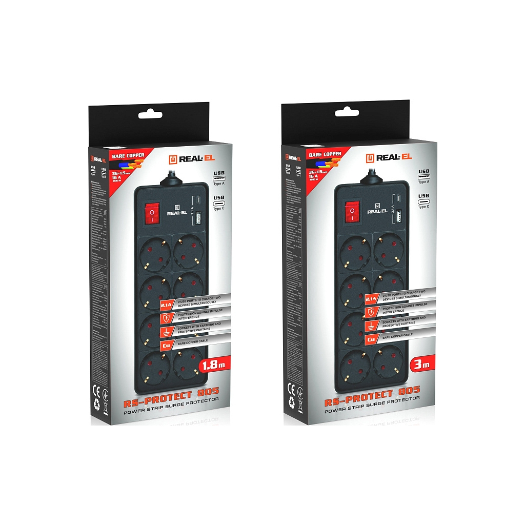 Мережевий фільтр живлення REAL-EL RS-PROTECT 805 3m, black (EL122300043) - зображення 10