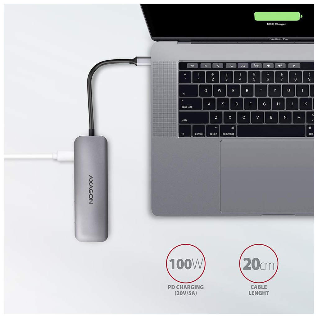 Концентратор AXAGON USB-C to 2xUSBA + HDMI + SD/microSD + USB-C PD 100W 0.2m grey (HMC-5) - зображення 5
