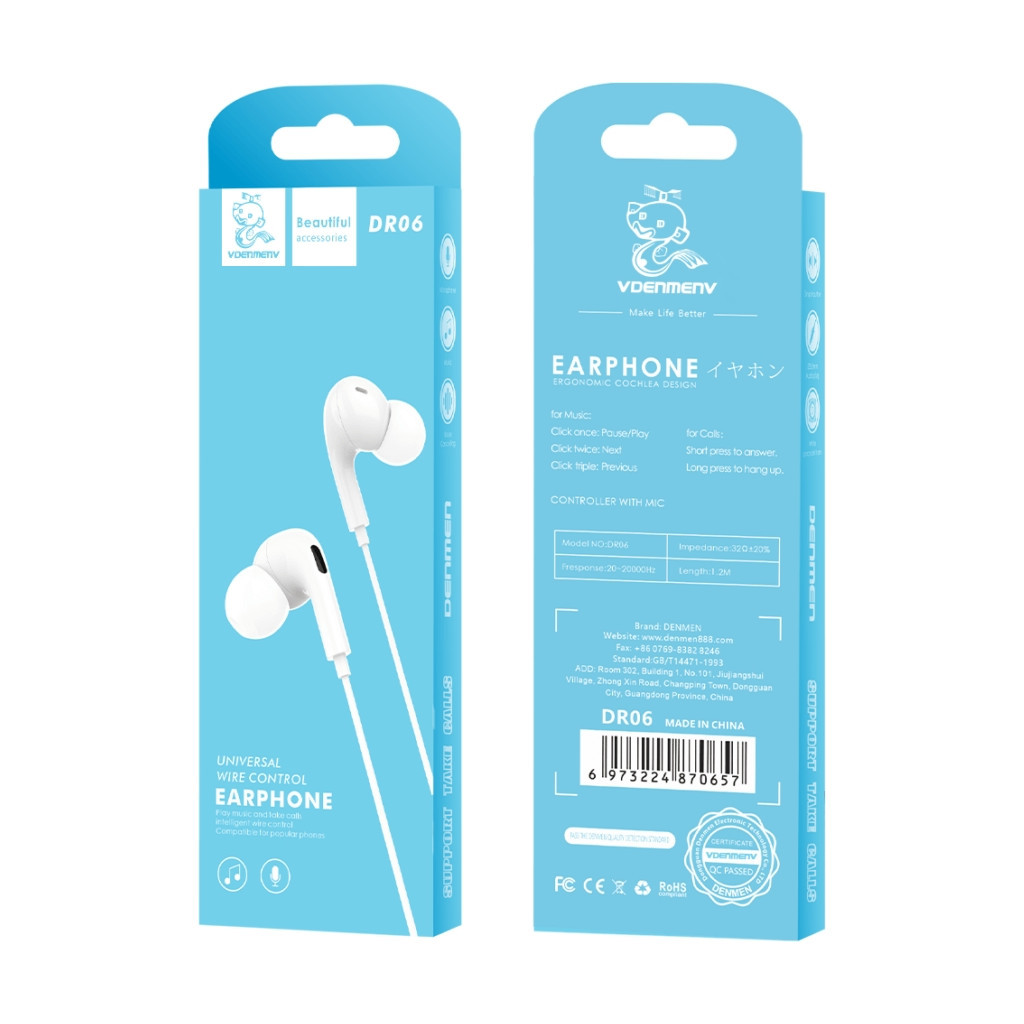 Навушники Denmen HF DR06 3.5mm 1.2 м White (DE-DR06-WH) - зображення 4