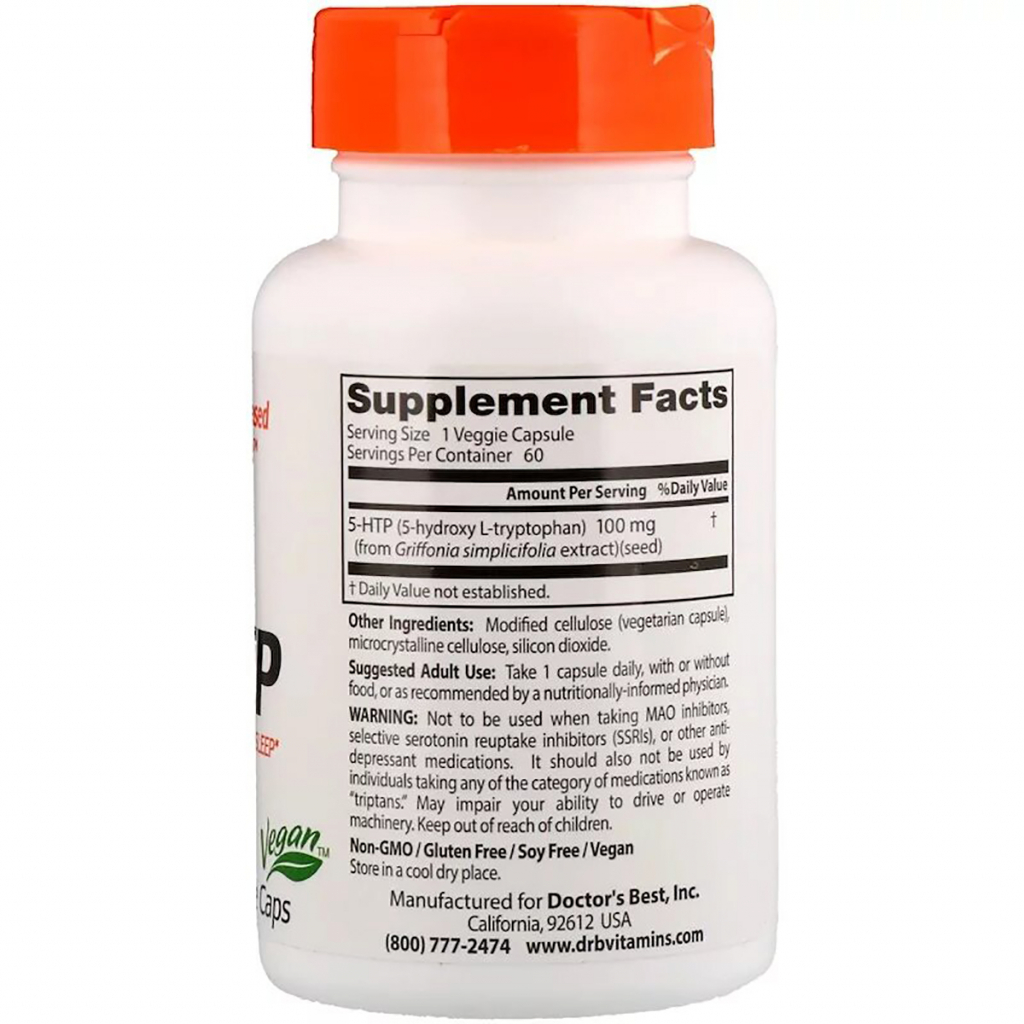 Амінокислота Doctor's Best 5-HTP (Гідроксітріптофан), 100мг, 60 капсул (DRB-00077) - зображення 2